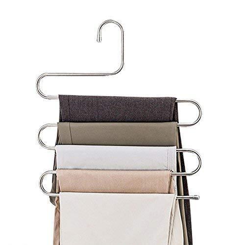 Top rated ds pants hangers s shape trousers hangers stainless steel clothes hangers closet space saving for pants jeans scarf hanging silver 4 pack with 10 clips