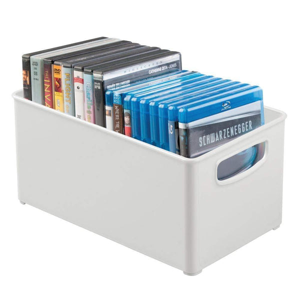 The best mdesign plastic stackable home storage organizer container bin box with handles for media consoles closets cabinets holds dvds blu ray video games gaming accessories 4 pack light gray