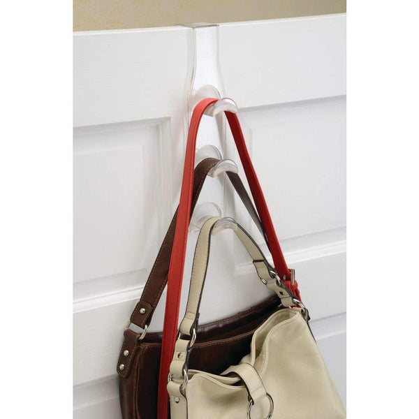 Home mdesign plastic 3 tier over the door closet organizer rack for handbags purses backpacks totes 3 hooks 2 pack clear