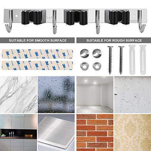 Great favbal broom mop holder wall mount stainless steel wall mounted storage organizer heavy duty tools hanger with 3 racks 4 hooks for kitchen bathroom closet garage office garden