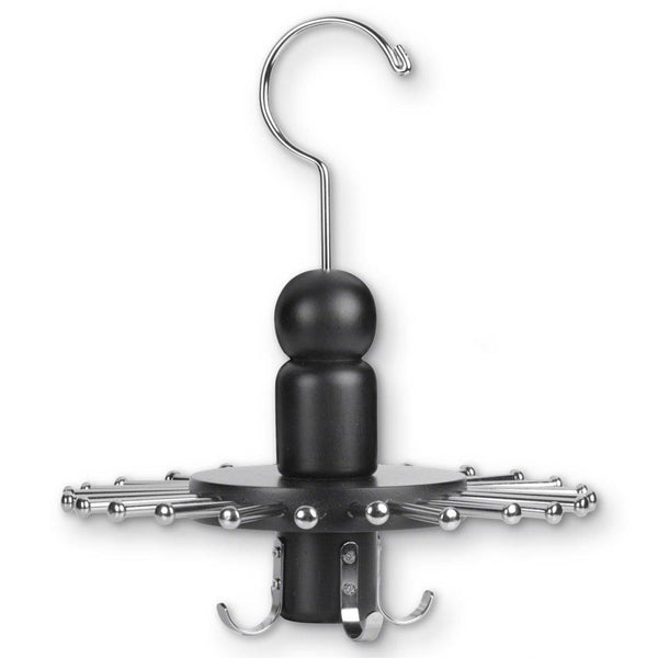 Exclusive launch innovative products neil rotating 8 belt and 24 tie wooden clothes hanger black wood spinning closet organizer for holding ties and belts