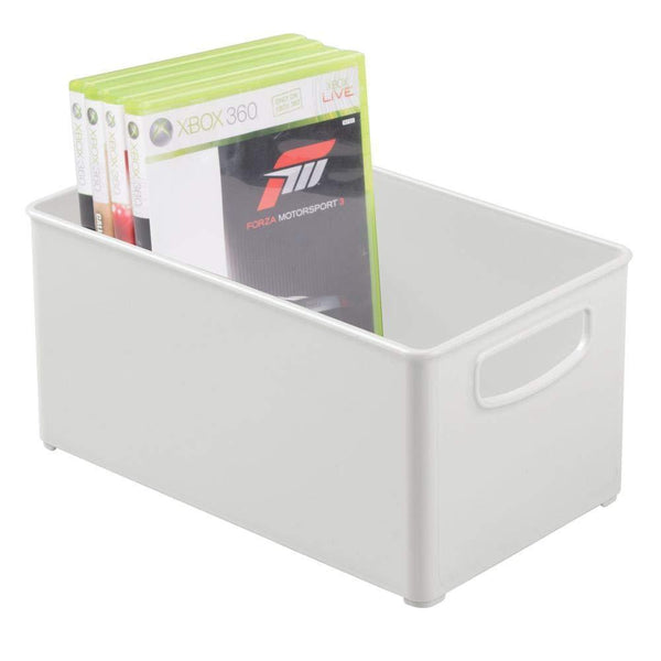 Storage organizer mdesign plastic stackable home storage organizer container bin box with handles for media consoles closets cabinets holds dvds blu ray video games gaming accessories 4 pack light gray