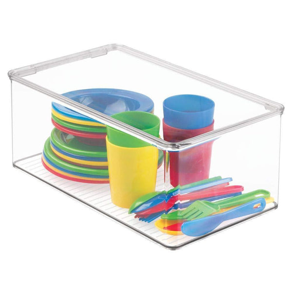 Storage organizer mdesign stackable closet plastic storage bin box with lid container for organizing childs kids toys action figures crayons markers building blocks puzzles crafts 5 high 4 pack clear