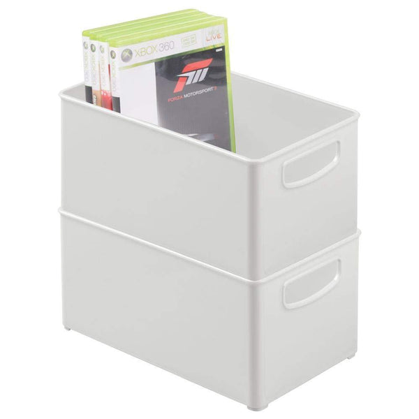 Top mdesign plastic stackable home storage organizer container bin box with handles for media consoles closets cabinets holds dvds blu ray video games gaming accessories 4 pack light gray