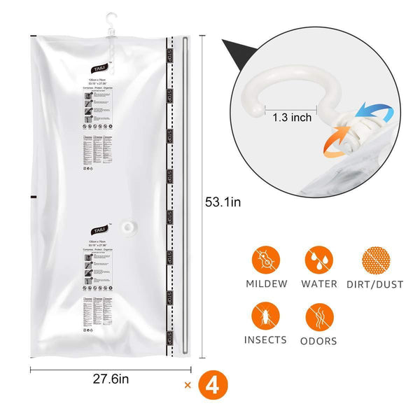 Selection taili hanging vacuum space saver bags for clothes 4 pack long 53x27 6 inches vacuum seal storage bag clothing bags for suits dress coats or jackets closet organizer and storage