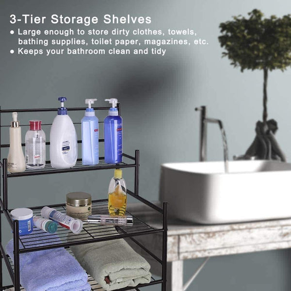 Discover the mythinglogic laundry hamper with 3 tier storage shelves bathroom tower storage organizer with dual compartment removeable hamper for bathroom laundry room closet nursery oil rubbed bronze