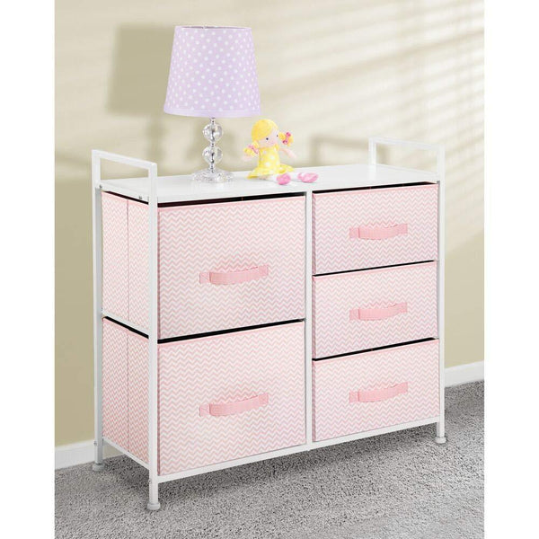 Best mdesign wide dresser storage tower furniture metal frame wood top easy pull fabric bins organizer for kids bedroom hallway entryway closets dorm chevron print 5 drawers pink white