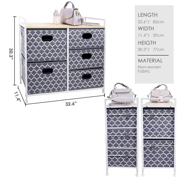 Amazon best wide dresser storage tower 5 drawer chest sturdy steel frame wood top easy pull fabric bins organizer unit for bedroom playroom entryway closets lantern printing gray white
