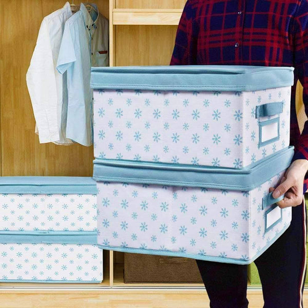 Home homyfort foldable storage box bins with lid sturdy canvas drawer dresser organizer for closet clothes bras ties set of 2 white canvas with blue flowers