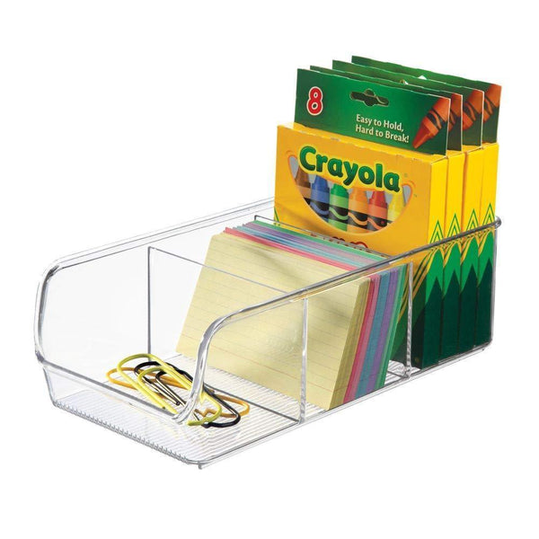 Discover mdesign divided plastic home office desk drawer organizer storage bin for cabinets closets drawers desktops tables workspaces holds pens pencils erasers markers 3 sections 4 pack clear