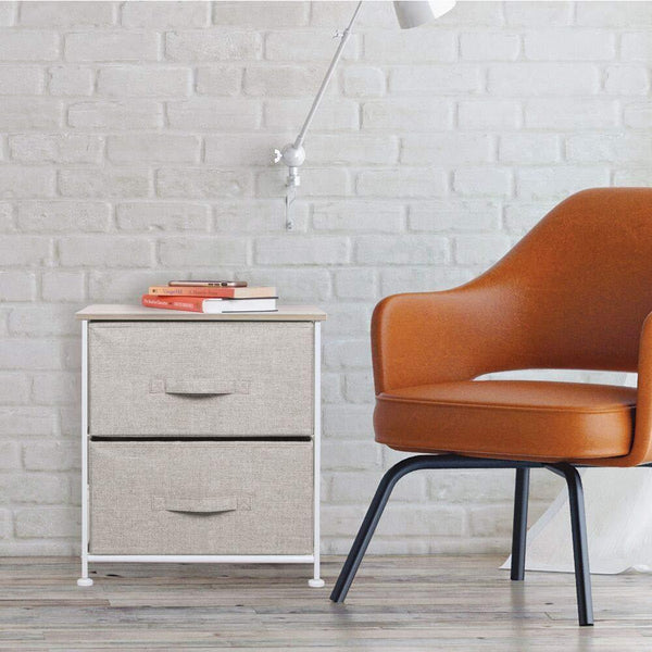 Order now mdesign end table night stand storage tower sturdy steel frame wood top easy pull fabric bins organizer unit for bedroom hallway entryway closets textured print 2 drawers linen natural