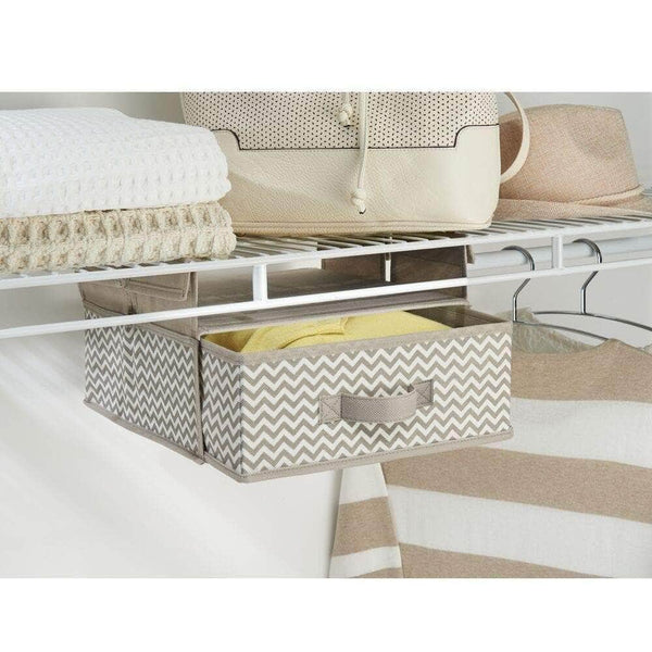 Related mdesign soft fabric over closet shelving hanging storage organizer with removable drawer for closets in bedrooms hallway entryway mudroom chevron zig zag print with solid trim taupe natural