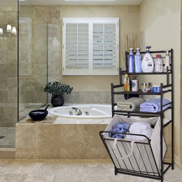 Discover mythinglogic laundry hamper with 3 tier storage shelves bathroom tower storage organizer with dual compartment removeable hamper for bathroom laundry room closet nursery oil rubbed bronze