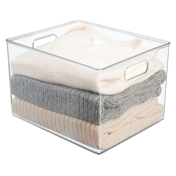 Heavy duty mdesign plastic home storage basket bin with handles for organizing closets shelves and cabinets in bedrooms bathrooms entryways and hallways store sweaters purses 8 high 8 pack clear