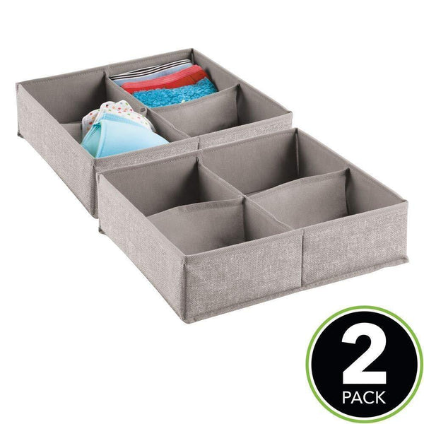 Exclusive mdesign soft fabric dresser drawer and closet storage organizer bin for lingerie bras socks leggings clothes purses scarves divided 4 section tray textured print 2 pack linen tan