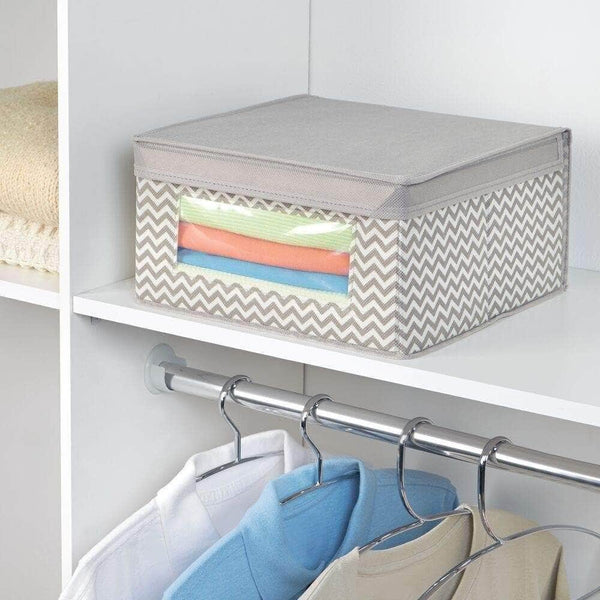 Shop mdesign soft stackable fabric closet storage organizer holder bin with clear window attached hinged lid for bedroom hallway entryway bathroom chevron print medium 4 pack taupe natural