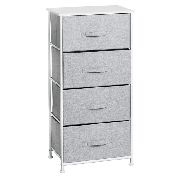 Amazon mdesign vertical furniture storage tower sturdy steel frame wood top easy pull fabric bins organizer unit for bedroom hallway entryway closets textured print 4 drawers gray white