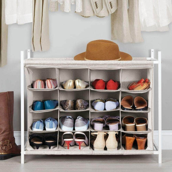 Products mdesign soft fabric shoe rack holder organizer 16 cube storage shelf for closet entryway mudroom garage kids playroom metal frame easy assembly closet organization linen white