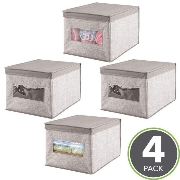 Save on mdesign decorative soft stackable fabric closet storage organizer holder box clear window lid for child kids room nursery large collapsible foldable textured print 4 pack linen tan