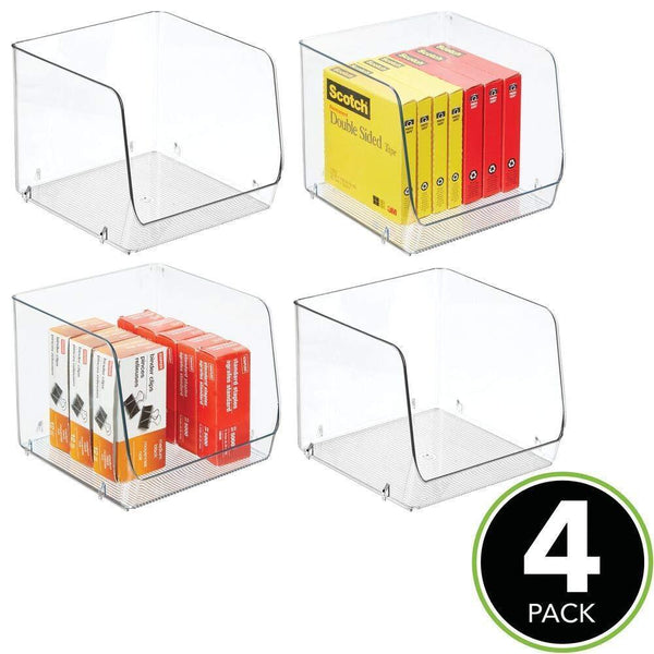 Amazon mdesign large stackable plastic home office storage organization bin basket with wide open front for cabinets closets drawers desks tables workspace cube 7 75 wide 4 pack clear