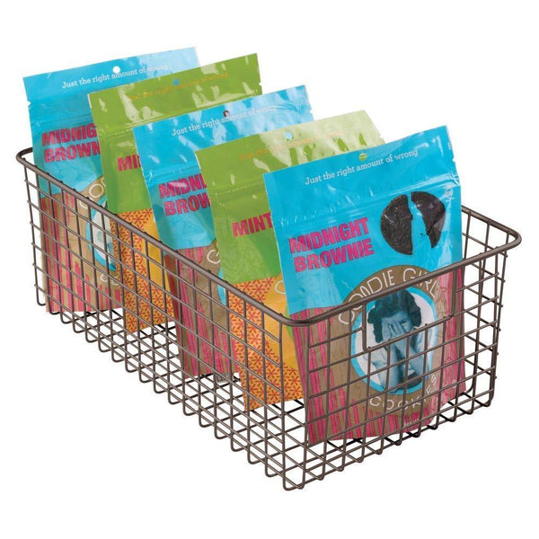Get mdesign farmhouse decor metal wire food organizer storage bin basket with handles for kitchen cabinets pantry bathroom laundry room closets garage 16 x 9 x 6 in 8 pack bronze
