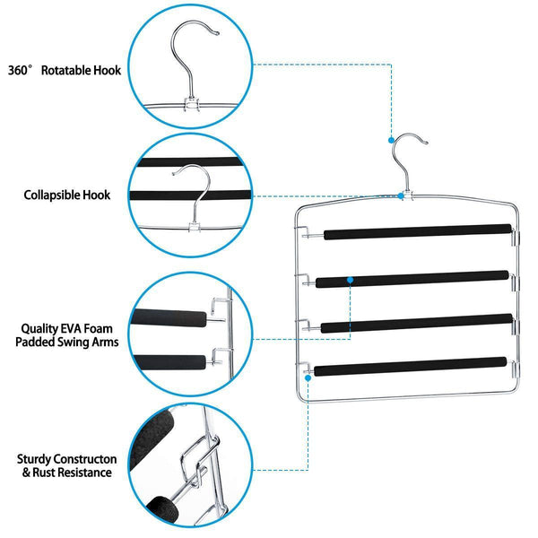 Order now homeideas pack of 4 non slip pants hangers stainless steel slack hangers space saving clothes hangers closet organizer with foam padded swing arm multi layers rotatable hook