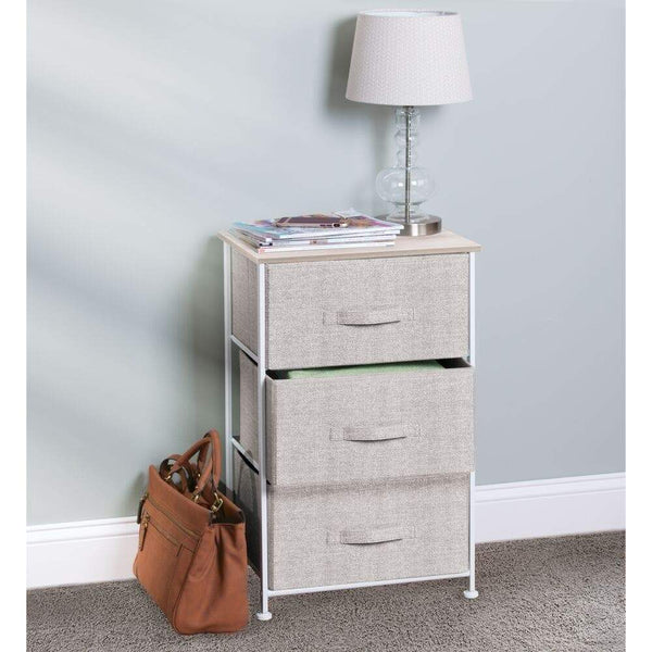 The best mdesign vertical dresser storage tower sturdy steel frame wood top easy pull fabric bins organizer unit for bedroom hallway entryway closets textured print 3 drawers linen natural