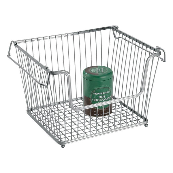 Featured mdesign modern stackable metal storage organizer bin basket with handles open front for kitchen cabinets pantry closets bedrooms bathrooms large 3 pack silver