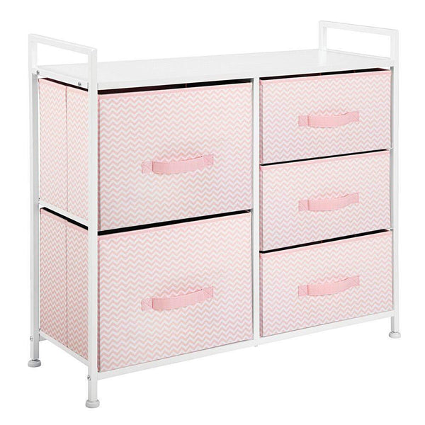 Best seller  mdesign wide dresser storage tower furniture metal frame wood top easy pull fabric bins organizer for kids bedroom hallway entryway closets dorm chevron print 5 drawers pink white