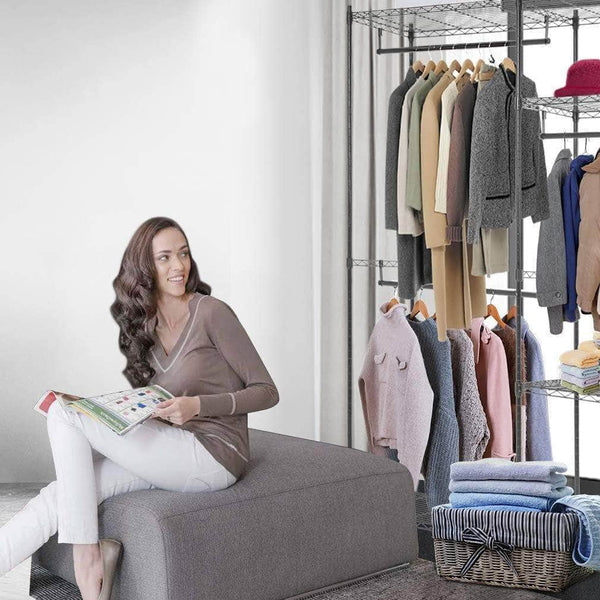 Buy now hanging closet organizer and storage heavy duty clothes rack sturdy 3 rod garment rack large with wire shelving height adjustable commercial grade metal clothes stand rack for bedroom cloakroom black