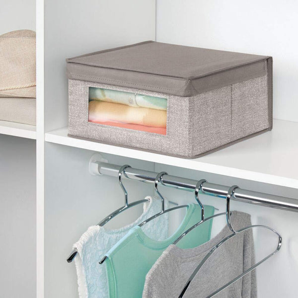 The best mdesign soft stackable fabric closet storage organizer holder bin with clear window attached hinged lid for bedroom hallway entryway bathroom textured print medium 6 pack linen tan