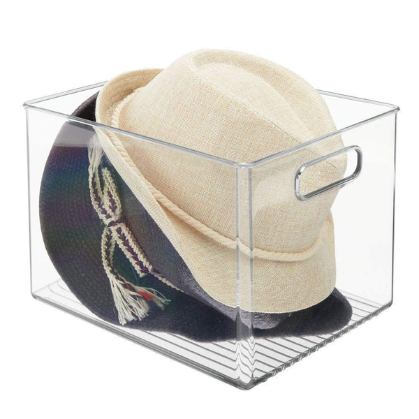 Save mdesign plastic home storage basket bin with handles for organizing closets shelves and cabinets in bedrooms bathrooms entryways and hallways 4 pack clear