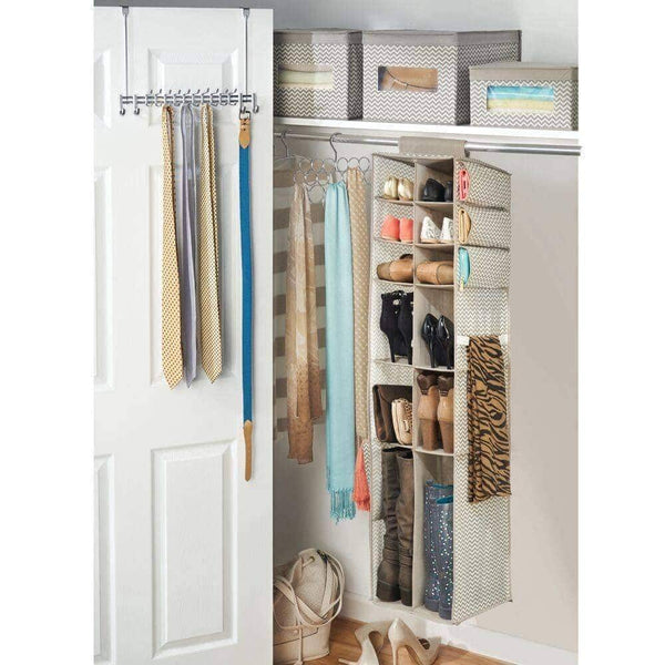 Best seller  mdesign soft fabric over rod hanging closet organizer holds shoes boots handbags clutches accessories 16 section storage unit chevron zig zag print taupe natural