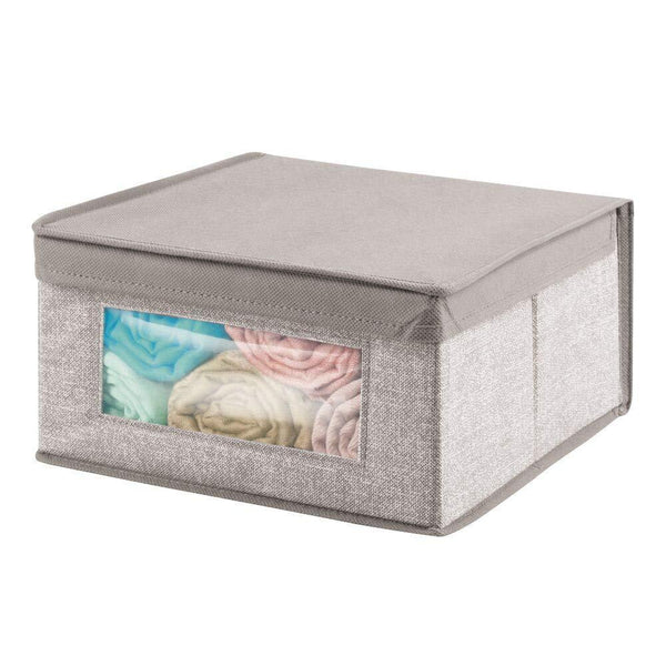 Shop here mdesign soft stackable fabric closet storage organizer holder bin with clear window attached hinged lid for bedroom hallway entryway bathroom textured print medium 6 pack linen tan