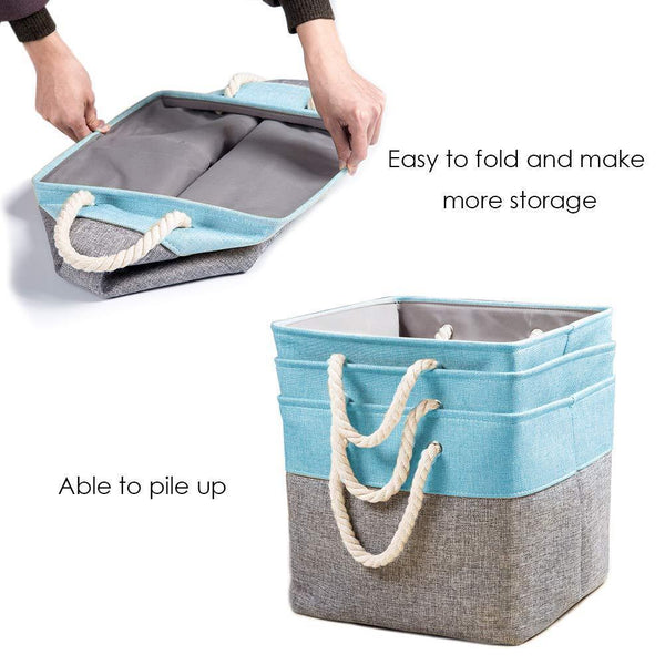 Save prandom large foldable cube storage baskets bins 13x13 inch 3 pack fabric linen collapsible storage bins cubes drawer with cotton handles organizer for shelf toy nursery closet bedroomgray blue