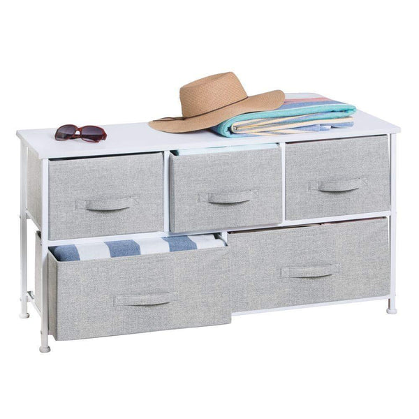 Budget mdesign extra wide dresser storage tower sturdy steel frame wood top easy pull fabric bins organizer unit for bedroom hallway entryway closets textured print 5 drawers gray white