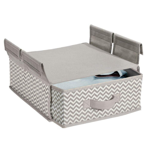 Organize with mdesign soft fabric over closet shelving hanging storage organizer with removable drawer for closets in bedrooms hallway entryway mudroom chevron zig zag print with solid trim taupe natural