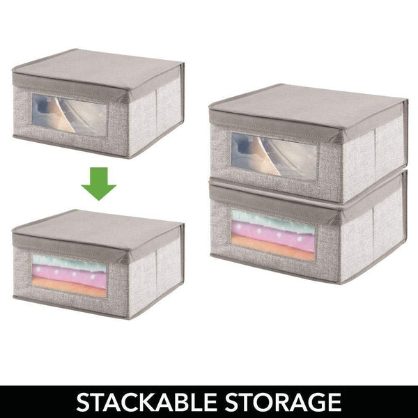 Storage organizer mdesign soft stackable fabric closet storage organizer holder bin with clear window attached hinged lid for bedroom hallway entryway bathroom textured print medium 6 pack linen tan