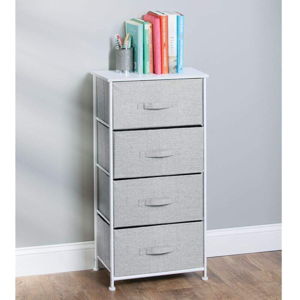 Budget friendly mdesign vertical furniture storage tower sturdy steel frame wood top easy pull fabric bins organizer unit for bedroom hallway entryway closets textured print 4 drawers gray white