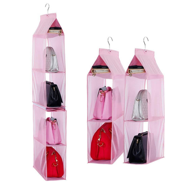 Home detachable 6 compartment organizer pouch hanging handbag organizer clear purse bag collection storage holder wardrobe closet space saving organizers system for living room bedroom home use pink