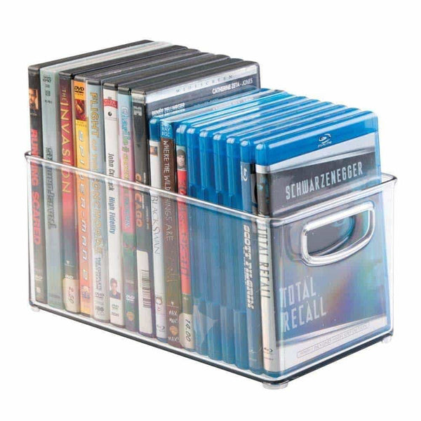 Kitchen mdesign plastic stackable household storage organizer container bin box with handles for media consoles closets cabinets holds dvds video games gaming accessories head sets 4 pack clear