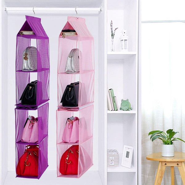 New detachable 6 compartment organizer pouch hanging handbag organizer clear purse bag collection storage holder wardrobe closet space saving organizers system for living room bedroom home use pink