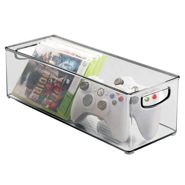 Storage organizer mdesign plastic stackable household storage organizer container bin with handles for media consoles closets cabinets holds dvds video games gaming accessories head sets 8 pack smoke gray