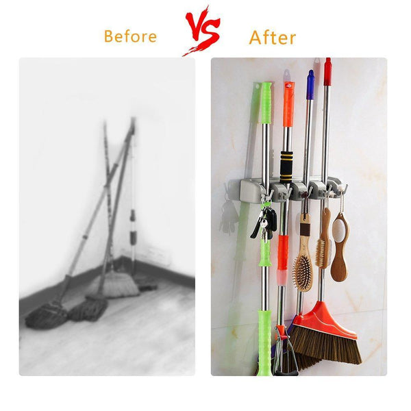 The best mop broom holder wall mounted storage rack with 5 ball slots and 6 hooks for closet rakes broom garden garage tool storageoff wihite