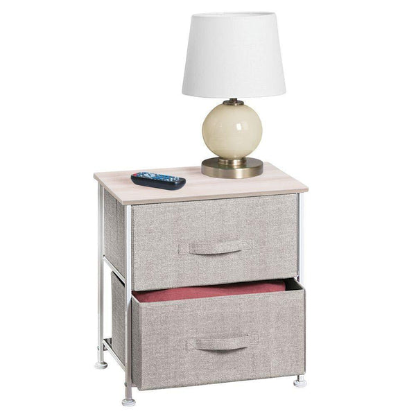 On amazon mdesign end table night stand storage tower sturdy steel frame wood top easy pull fabric bins organizer unit for bedroom hallway entryway closets textured print 2 drawers linen natural