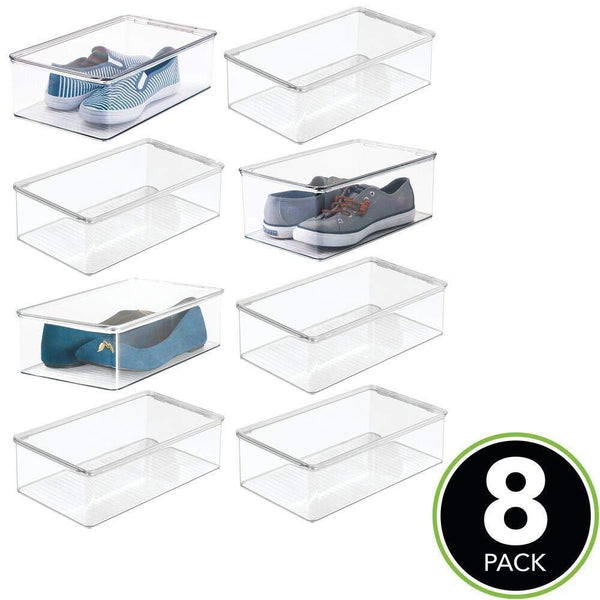 Discover the mdesign stackable plastic closet shelf shoe storage organizer box with lid for mens womens kids sandals flats sneakers 8 pack clear