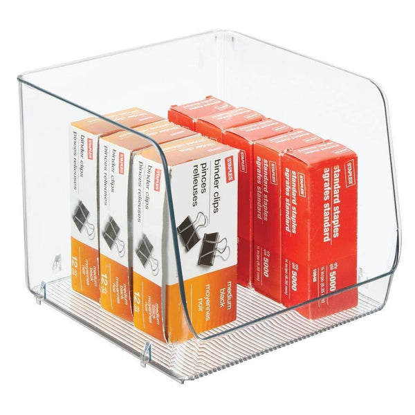 The best mdesign large stackable plastic home office storage organization bin basket with wide open front for cabinets closets drawers desks tables workspace cube 7 75 wide 4 pack clear