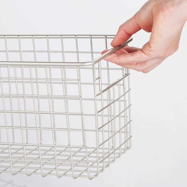 Products mdesign farmhouse decor metal wire food storage organizer bin basket with handles for kitchen cabinets pantry bathroom laundry room closets garage 16 x 6 x 6 4 pack satin