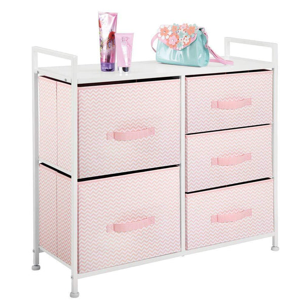 Amazon mdesign wide dresser storage tower furniture metal frame wood top easy pull fabric bins organizer for kids bedroom hallway entryway closets dorm chevron print 5 drawers pink white