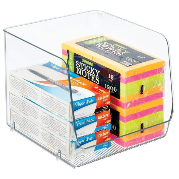 Top mdesign large stackable plastic home office storage organization bin basket with wide open front for cabinets closets drawers desks tables workspace cube 7 75 wide 4 pack clear